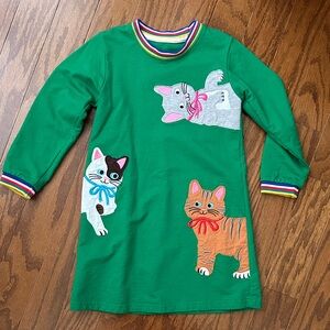 Kids Green Long-Sleeve Cat Appliqué Dress